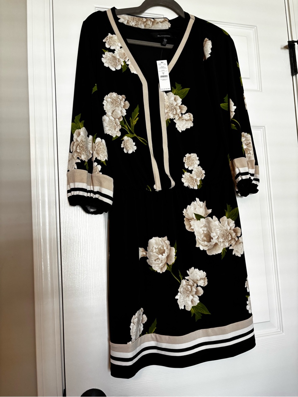 White House Black Market Black Floral V-Neck Midi Dress with Cream Trim